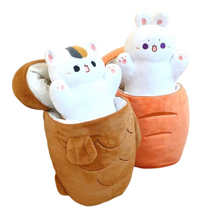 Peluche Hidden Kitty transformable : chat caché dans un poisson ou une carotte, amusante et kawaii