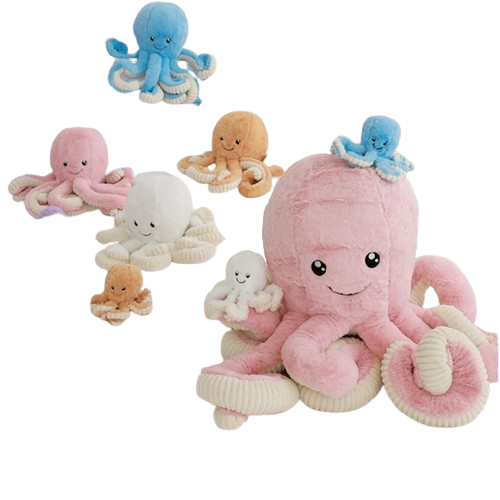 Peluche Maya la Pieuvre Jellycat coloris blanc, bleu, violet, orange, rose, douce et moelleuse, disponible en tailles 18cm, 40cm, 60cm et 80cm