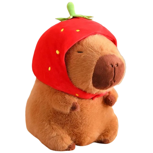 Peluche Roi Capybara, adorable capybara en peluche de 23 cm, disponible coloris Bonnet fraise. Un cadeau unique et original, parfait pour les enfants et les collectionneurs. Douce et câline, cette peluche apportera une touche de fun et de tendresse à toute occasion